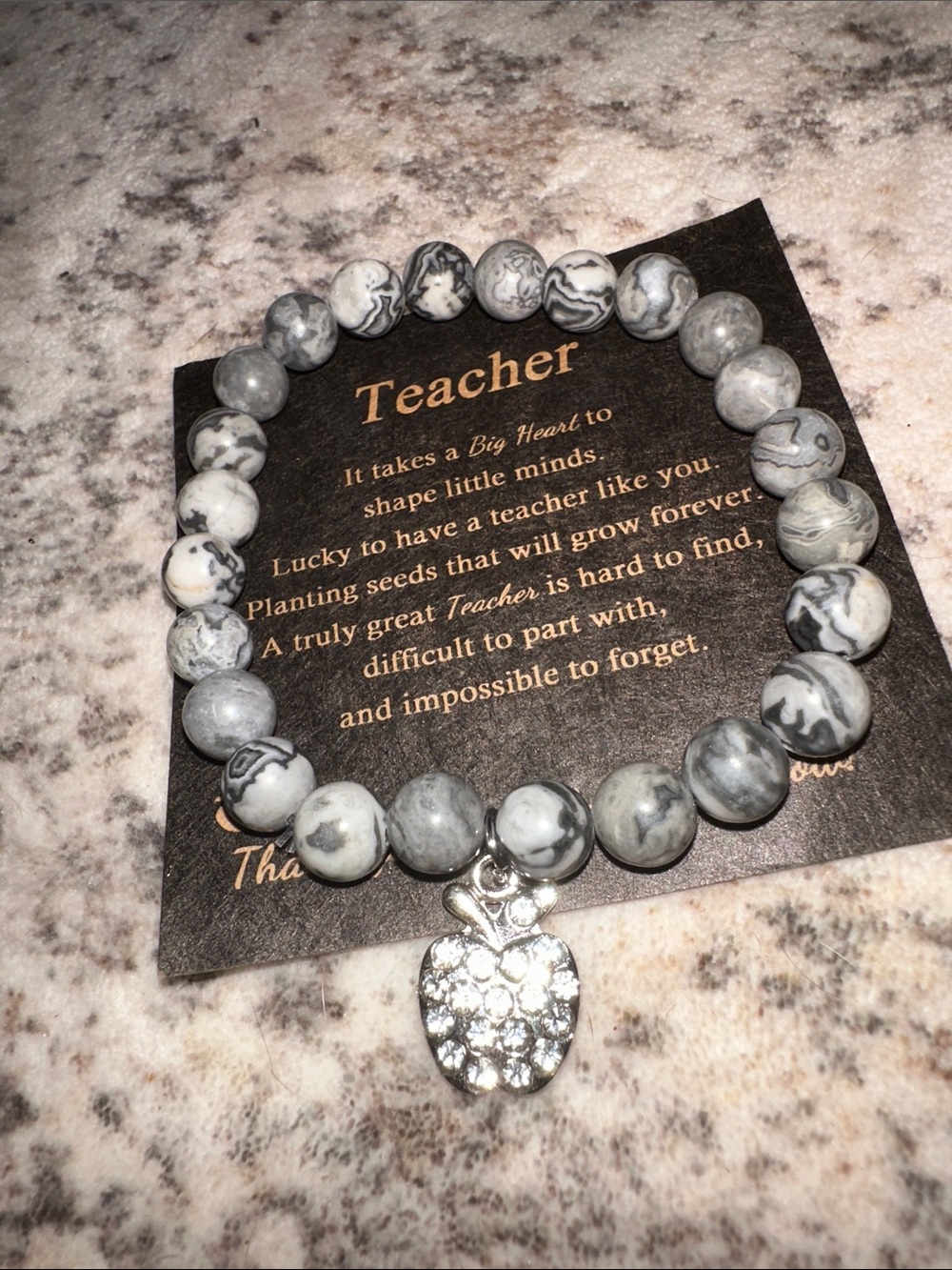 Gray Marbled Beaded Teacher Bracelet with Silver Apple Charm